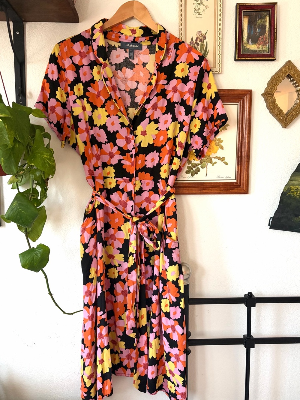 ModCloth Retro Black Midi Dress with Pink, Orange & Yellow Floral Print - XL